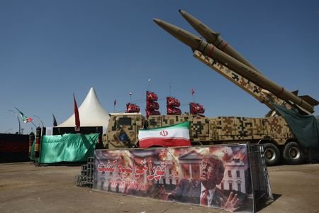 An Iranian missile system is displayed in Azadi Square in