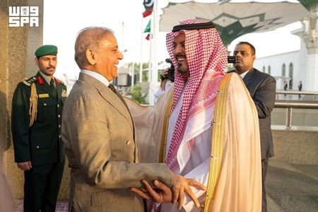 Pakistan's Prime Minister Shehbaz Sharif is received by Deputy Governor