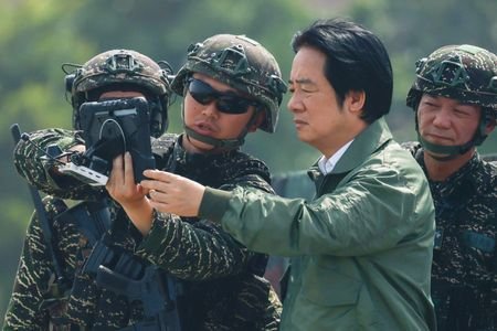 Taiwanese President Lai Ching-te attends a drone demonstration during the