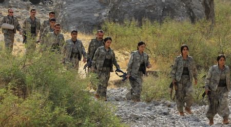 Fighters with the Kurdistan Workers' Party (PKK) walk for a