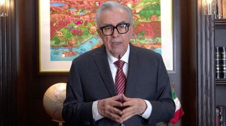 Sinaloa Governor Ruben Rocha speaks during a video message, in