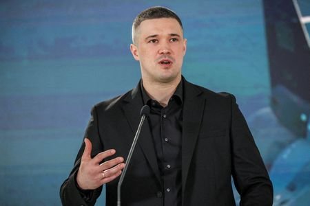 FILE PHOTO: Mykhailo Fedorov attends a press conference in Kyiv