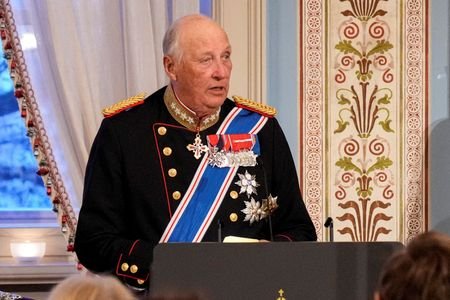 FILE PHOTO: Norway's King Harald speaks during a gala dinner