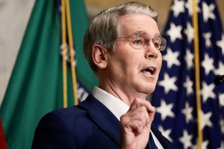 FILE PHOTO: U.S. Treasury Secretary Scott Bessent speaks outlines further
