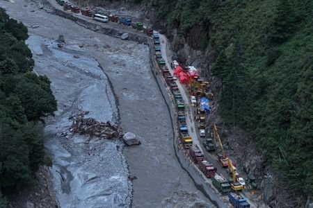 Excavators and rescue equipment at the core disaster-hit area at