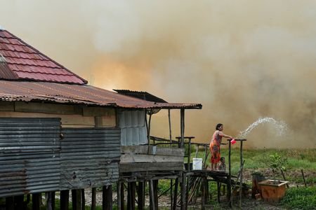 A woman pours water in an area affected by wildfire