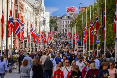 Norwegian flags at half-mast at Karl Johans gate in Oslo