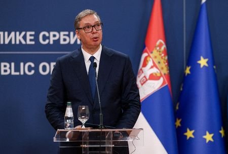 FILE PHOTO: Serbian President Aleksandar Vucic speaks during a press