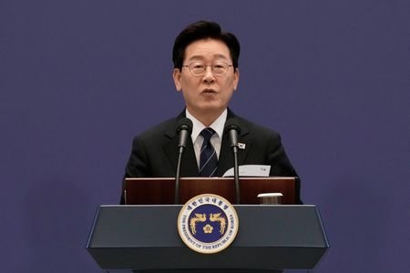 South Korean President Lee Jae Myung speaks during a press