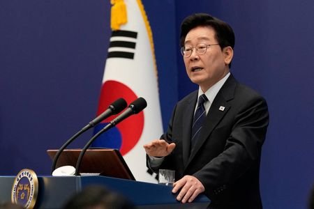 South Korean President Lee Jae Myung speaks during a press