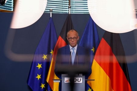 German Chancellor Friedrich Merz gives a statement at the CDU