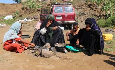 Displaced Yemenis take shelter at a makeshift camp in Taiz