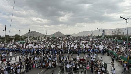 Houthi supporters rally to celebrate advances by Houthi forces along