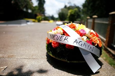 A wreath is seen at the Genocide Memorial in Gisozi