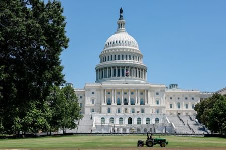 A person maintains the grounds in front of the U.S.