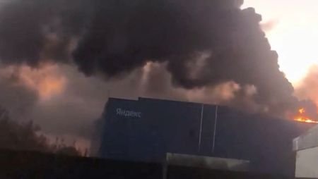 Smoke billows from Yandex's Sasovo hub, following a drone strike