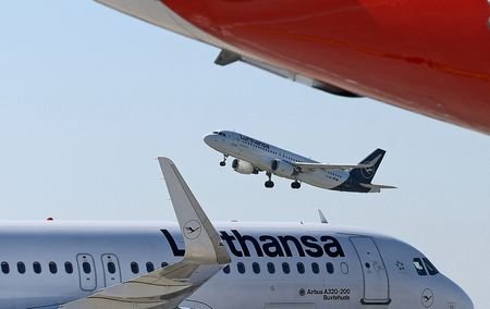 An aircraft of German air carrier Lufthansa takes off from