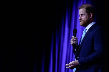 Britain's Prince Harry, Duke of Sussex, speaks during the Clinton