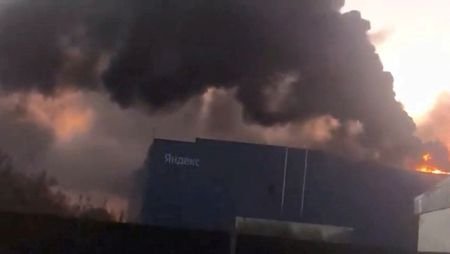 FILE PHOTO: Smoke billows from Yandex's Sasovo hub, following a