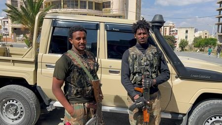 Members of the Ethiopian pro-government Tigray Peace Force patrol after
