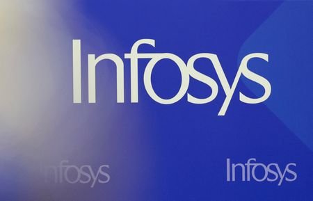 The Infosys logo is displayed during a press briefing, following