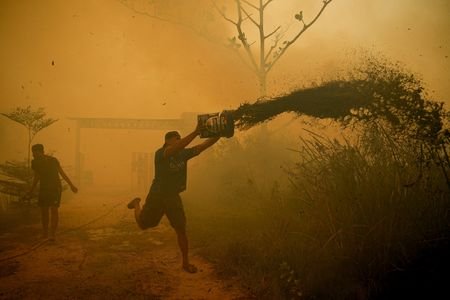 Wildfire burns near a residential area in Banyuasin