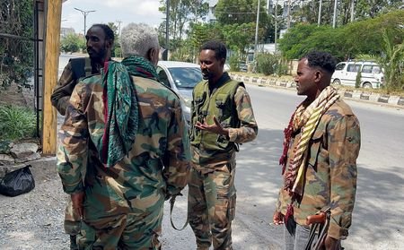 Members of the Ethiopian pro-government Tigray Peace Force patrol after