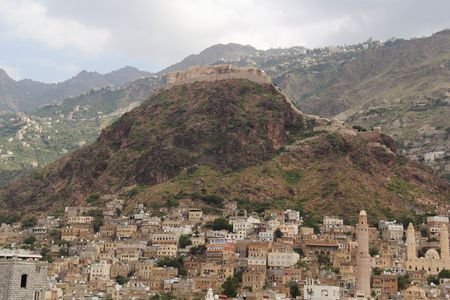 Buildings stand in the southwestern city of Taiz