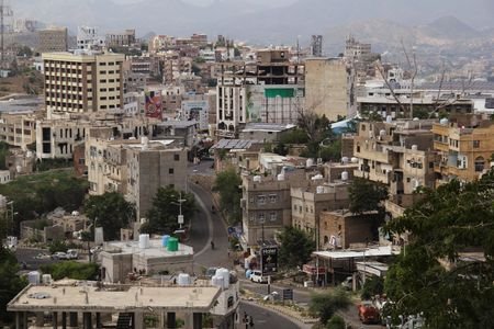 Buildings stand in the southwestern city of Taiz