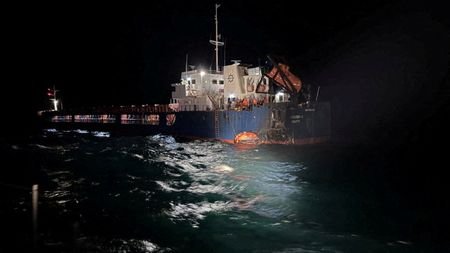 A view shows a vessel that was hit by a