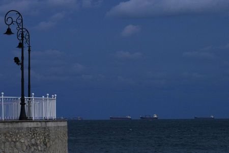 Ships wait in the Black Sea in Constanta