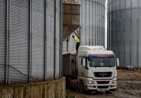 A truck with corn is seen at a grain storage
