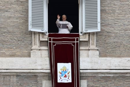 Pope Leo leads the Sunday Angelus prayer after being discharged