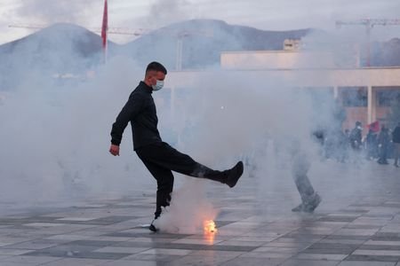 Albanian students hold an anti-government protest in Tirana