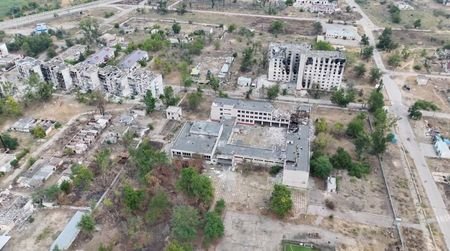 FILE PHOTO: Drone footage shows destruction in the Russian occupied