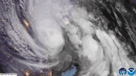 A satellite image shows Cyclone Arnab making landfall over the