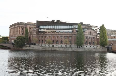 A general view shows the exterior of Sweden’s parliament in