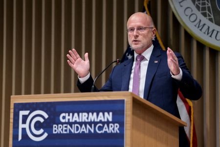 FILE PHOTO: FCC Chairman Brendan Carr speaks during an FCC